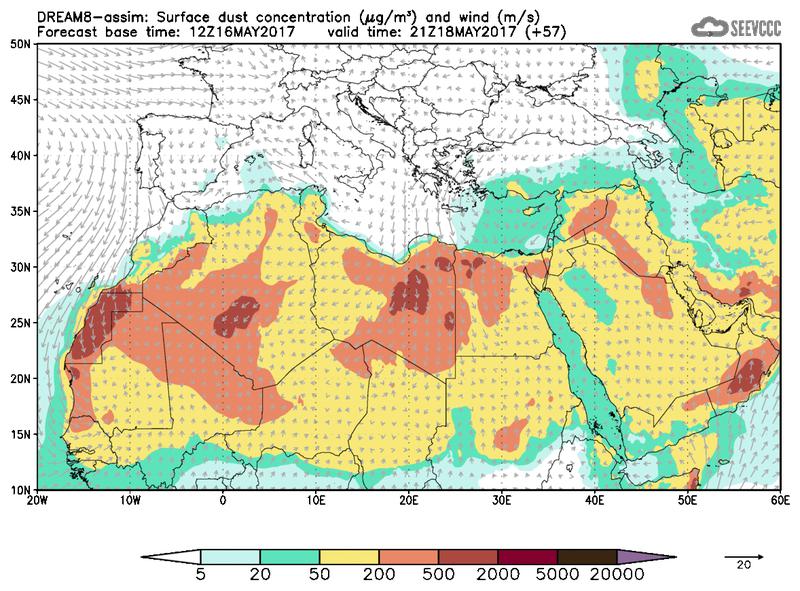 Surface dust concentration and wind at T45