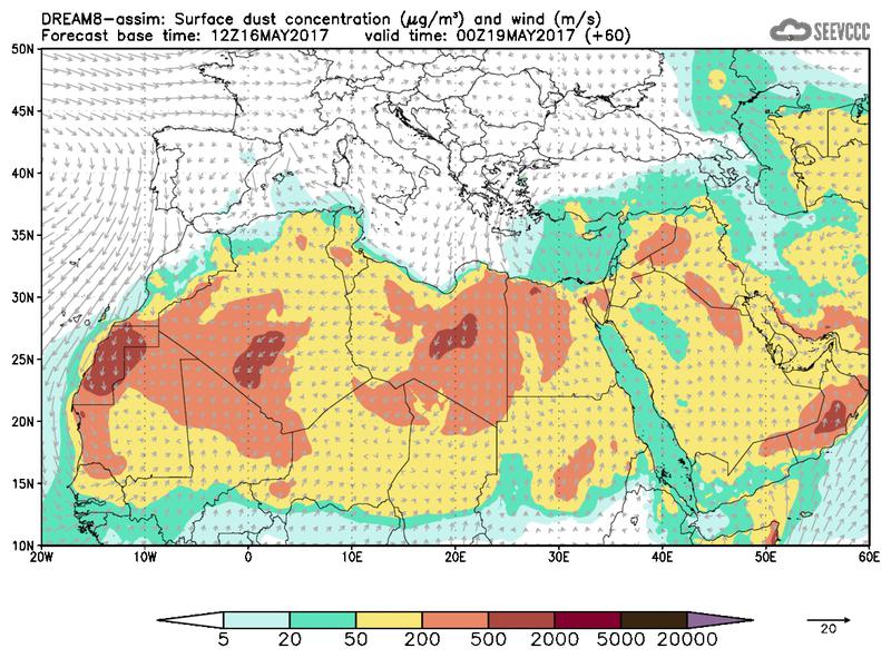 Surface dust concentration and wind at T48