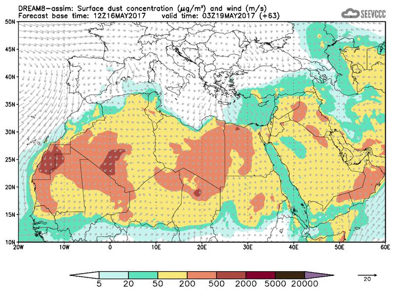 Surface dust concentration and wind at T51