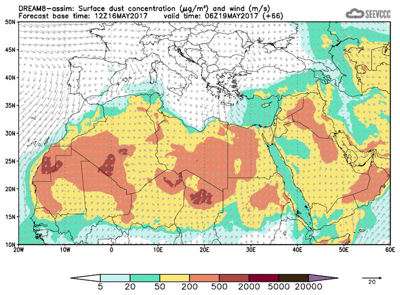 Surface dust concentration and wind at T54