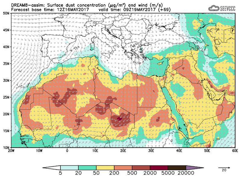 Surface dust concentration and wind at T57