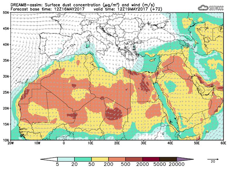 Surface dust concentration and wind at T60