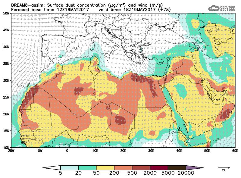 Surface dust concentration and wind at T66