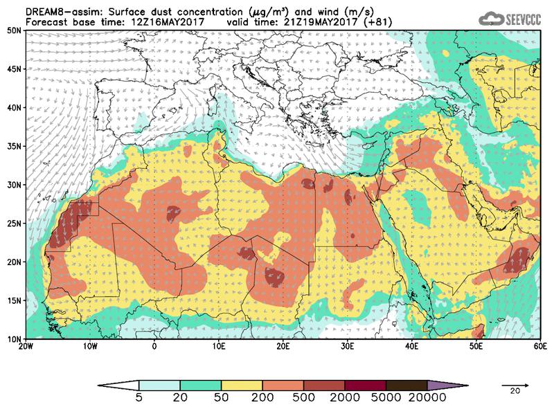 Surface dust concentration and wind at T69