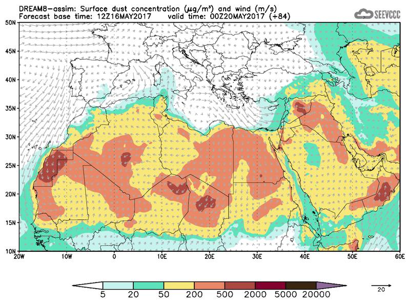 Surface dust concentration and wind at T72