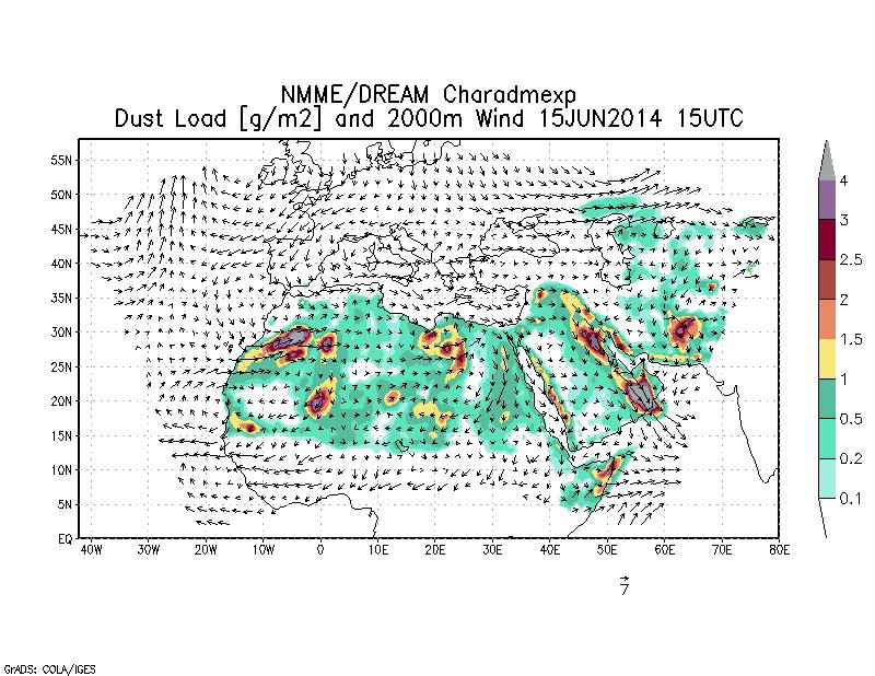 Dust load [g/m2] and 2000m Wind - 2014-06-15 15:00