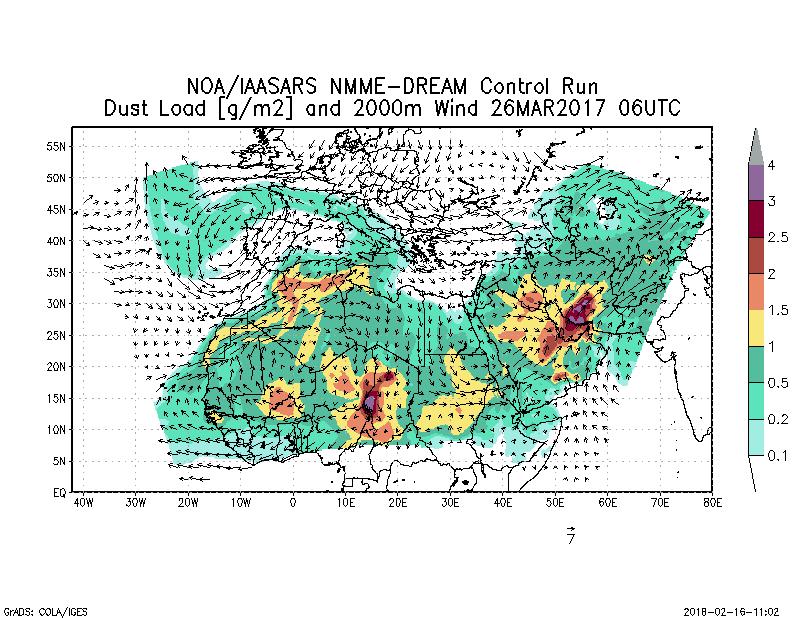 Dust load [g/m2] and 2000m Wind - 2017-03-26 06:00