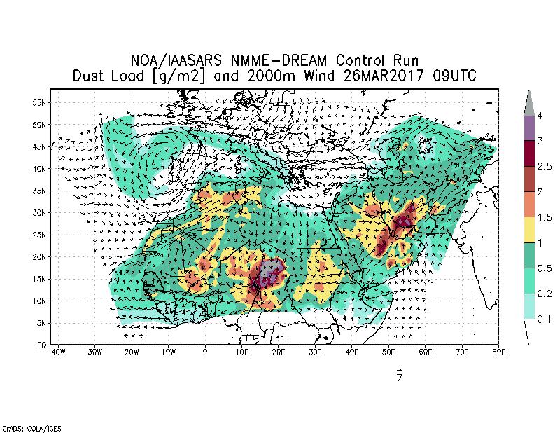 Dust load [g/m2] and 2000m Wind - 2017-03-26 09:00
