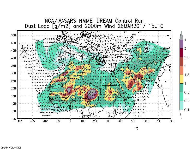 Dust load [g/m2] and 2000m Wind - 2017-03-26 15:00