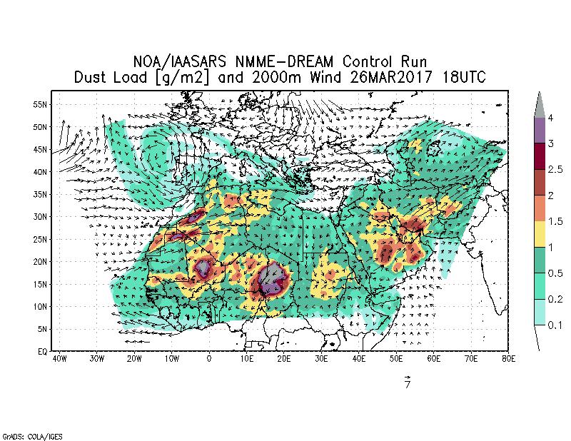Dust load [g/m2] and 2000m Wind - 2017-03-26 18:00