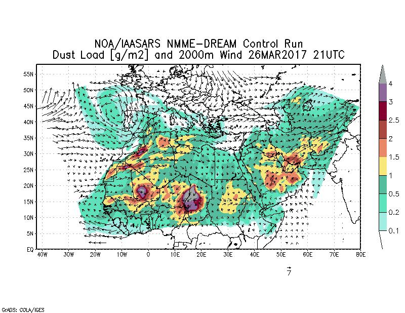 Dust load [g/m2] and 2000m Wind - 2017-03-26 21:00