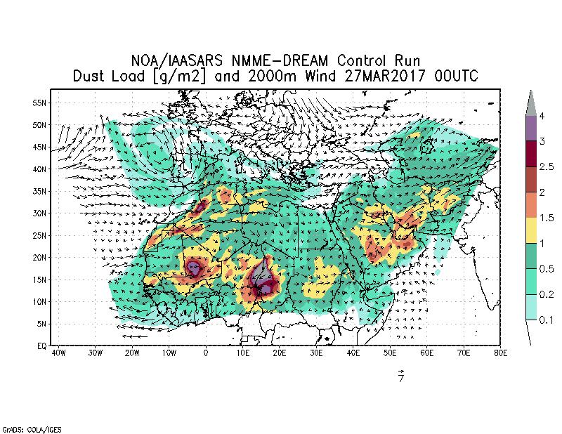 Dust load [g/m2] and 2000m Wind - 2017-03-27 00:00