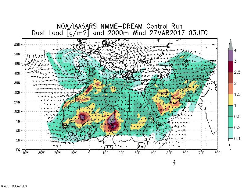 Dust load [g/m2] and 2000m Wind - 2017-03-27 03:00