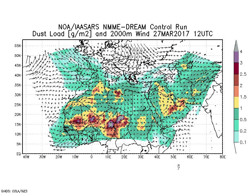 Dust load [g/m2] and 2000m Wind - 2017-03-27 12:00