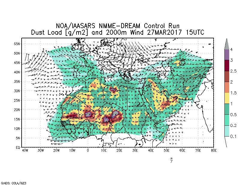Dust load [g/m2] and 2000m Wind - 2017-03-27 15:00