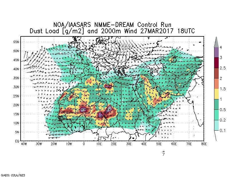 Dust load [g/m2] and 2000m Wind - 2017-03-27 18:00