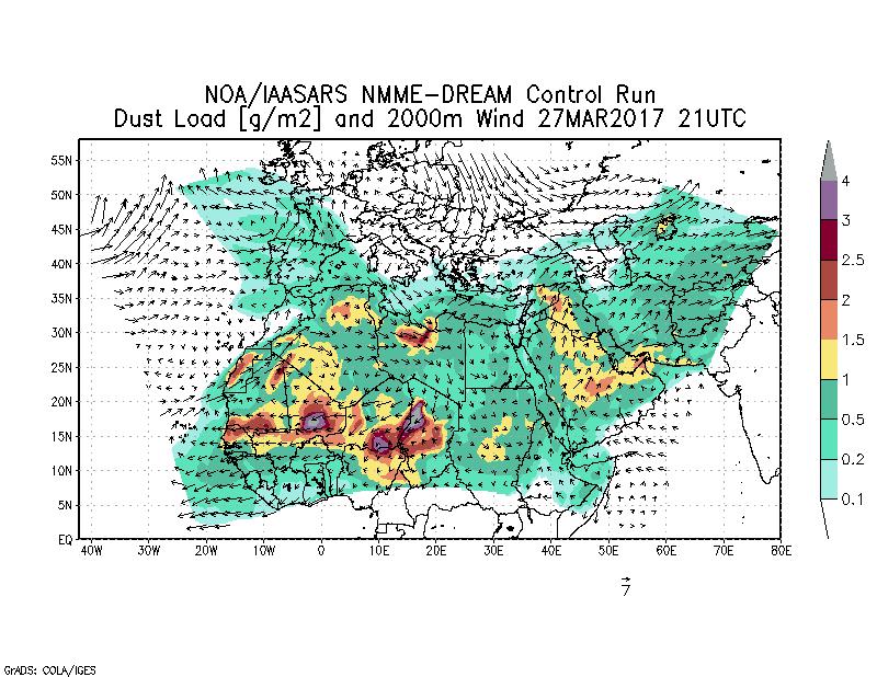 Dust load [g/m2] and 2000m Wind - 2017-03-27 21:00