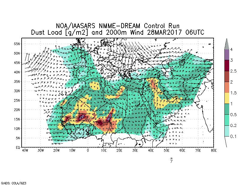 Dust load [g/m2] and 2000m Wind - 2017-03-28 06:00