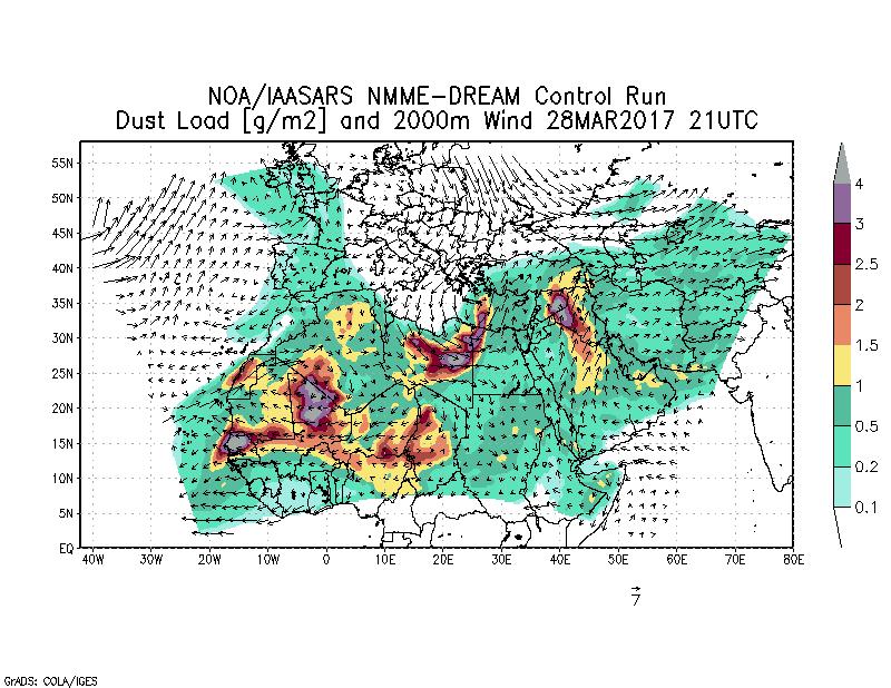 Dust load [g/m2] and 2000m Wind - 2017-03-28 21:00