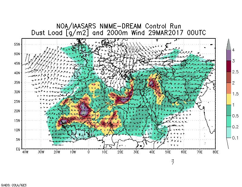 Dust load [g/m2] and 2000m Wind - 2017-03-29 00:00