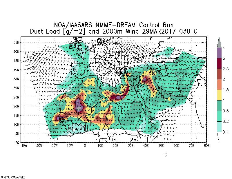 Dust load [g/m2] and 2000m Wind - 2017-03-29 03:00