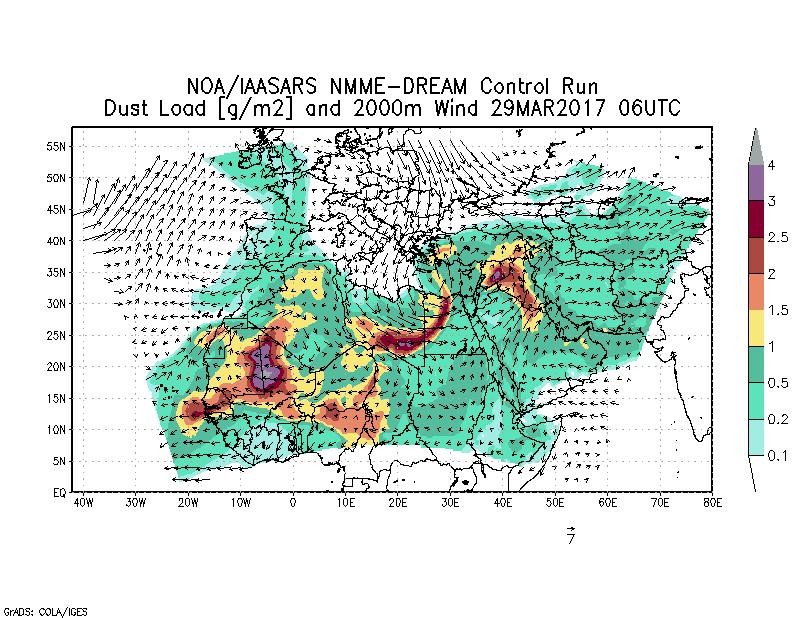 Dust load [g/m2] and 2000m Wind - 2017-03-29 06:00
