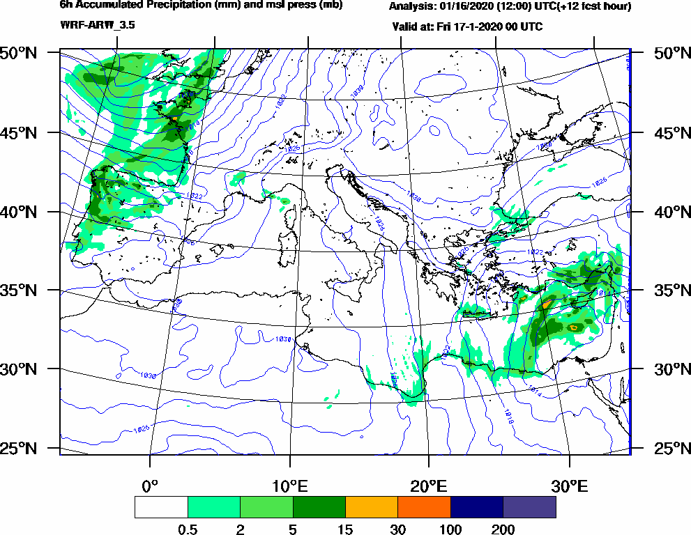 6h Accumulated Precipitation (mm) and msl press (mb) - 2020-01-16 18:00