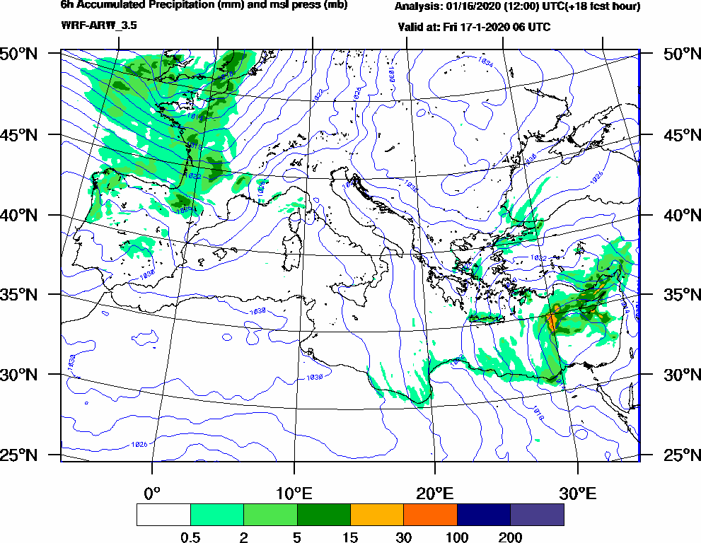 6h Accumulated Precipitation (mm) and msl press (mb) - 2020-01-17 00:00