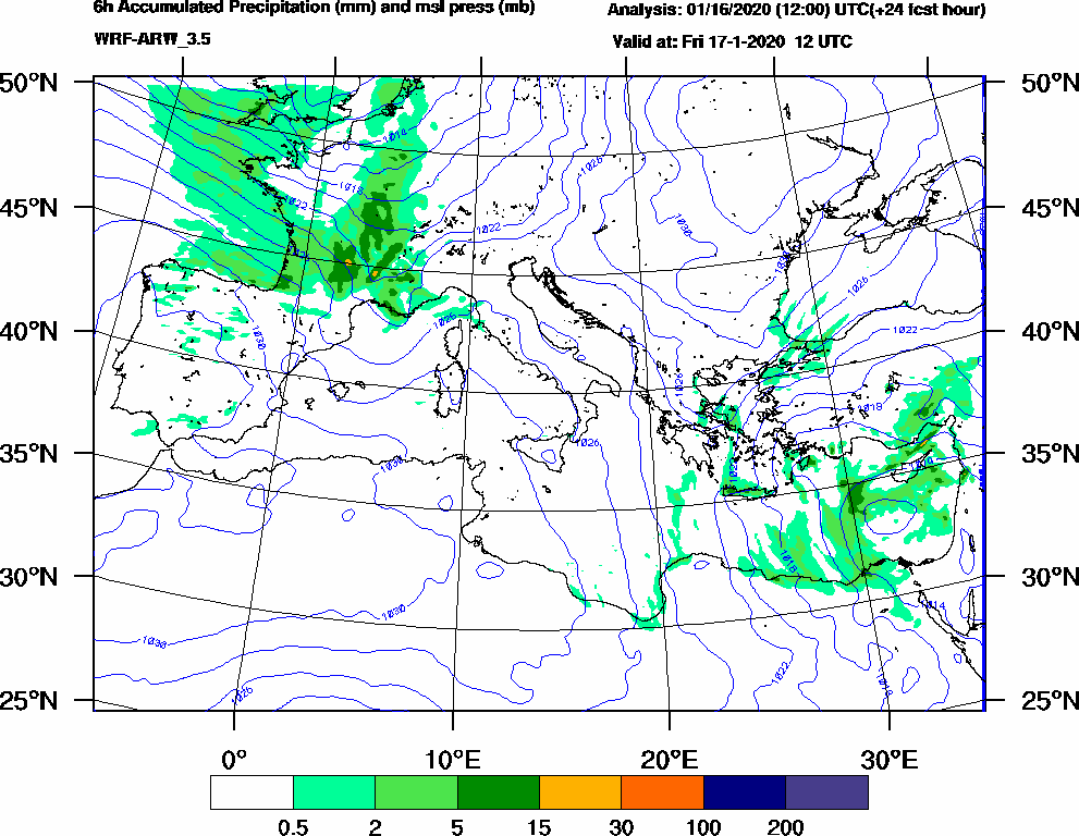 6h Accumulated Precipitation (mm) and msl press (mb) - 2020-01-17 06:00