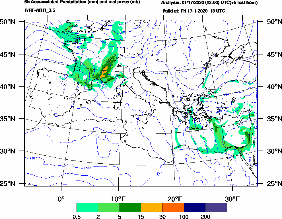6h Accumulated Precipitation (mm) and msl press (mb) - 2020-01-17 12:00