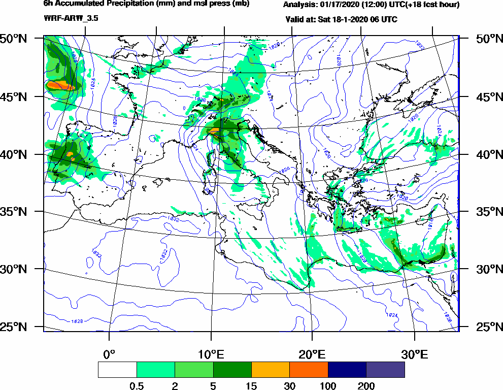 6h Accumulated Precipitation (mm) and msl press (mb) - 2020-01-18 00:00