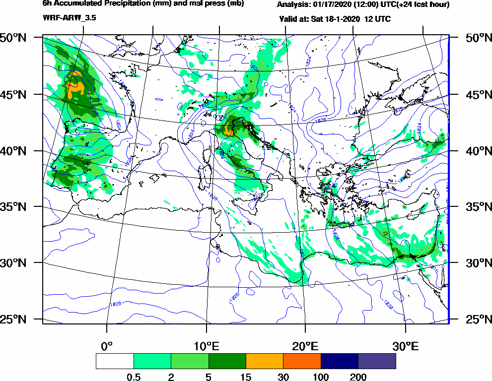6h Accumulated Precipitation (mm) and msl press (mb) - 2020-01-18 06:00