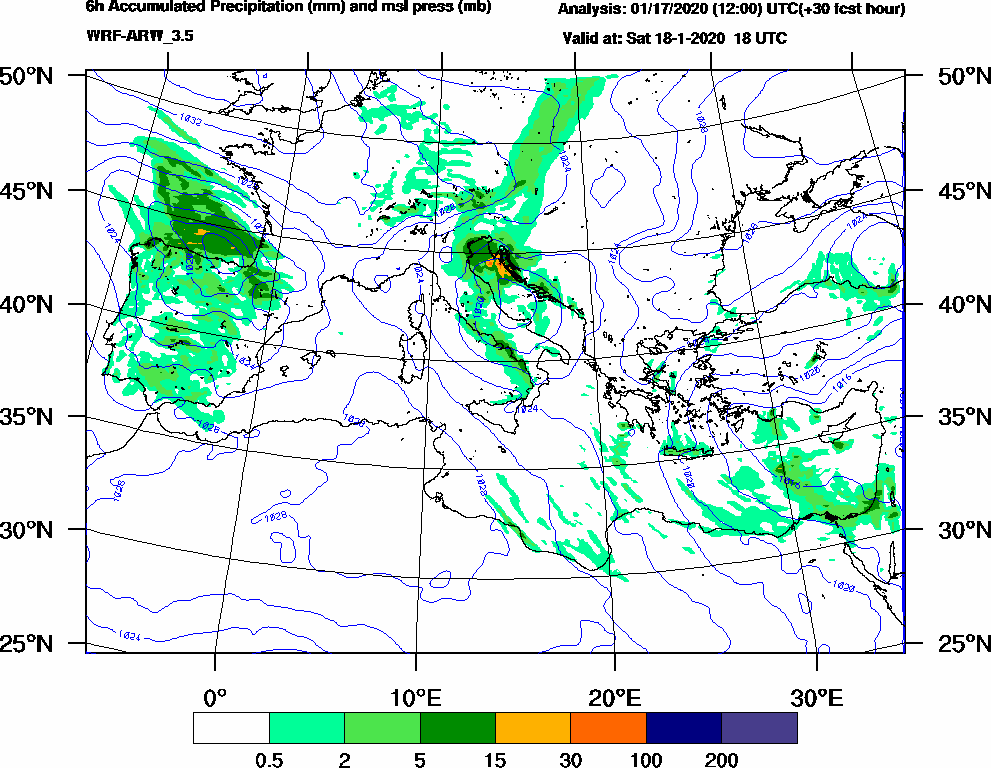 6h Accumulated Precipitation (mm) and msl press (mb) - 2020-01-18 12:00