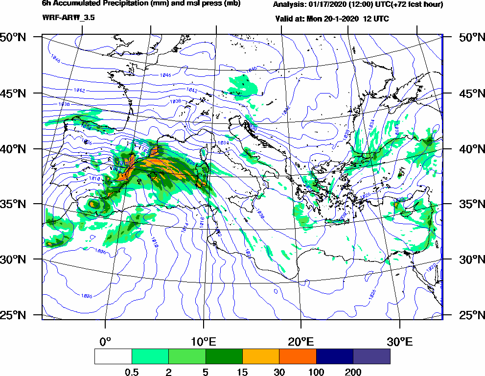 6h Accumulated Precipitation (mm) and msl press (mb) - 2020-01-20 06:00