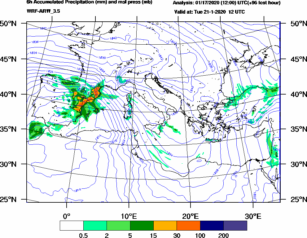 6h Accumulated Precipitation (mm) and msl press (mb) - 2020-01-21 06:00