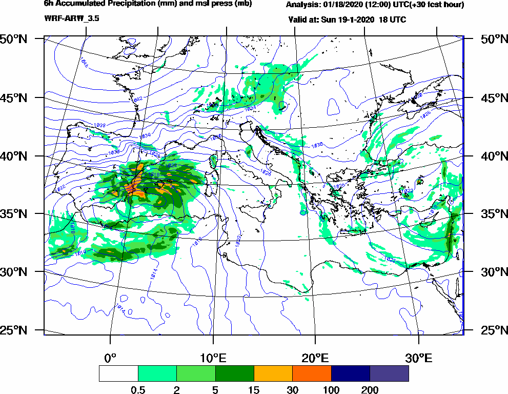 6h Accumulated Precipitation (mm) and msl press (mb) - 2020-01-19 12:00