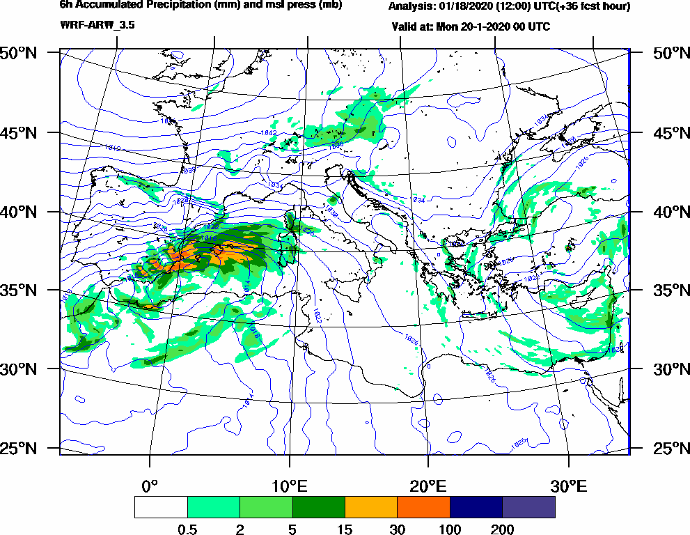 6h Accumulated Precipitation (mm) and msl press (mb) - 2020-01-19 18:00