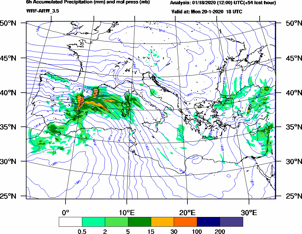 6h Accumulated Precipitation (mm) and msl press (mb) - 2020-01-20 12:00