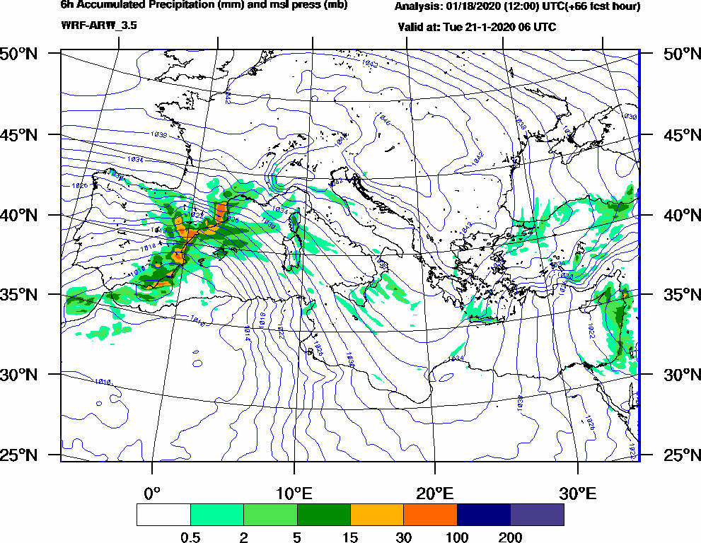 6h Accumulated Precipitation (mm) and msl press (mb) - 2020-01-21 00:00