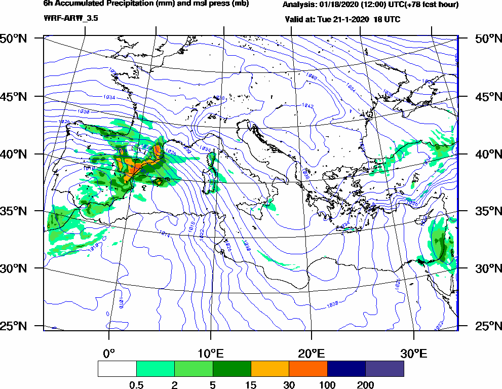 6h Accumulated Precipitation (mm) and msl press (mb) - 2020-01-21 12:00