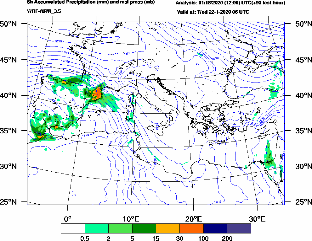6h Accumulated Precipitation (mm) and msl press (mb) - 2020-01-22 00:00