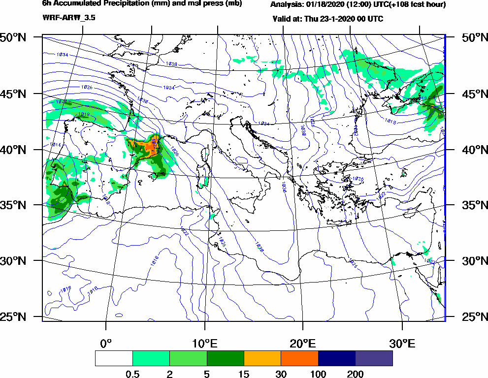 6h Accumulated Precipitation (mm) and msl press (mb) - 2020-01-22 18:00
