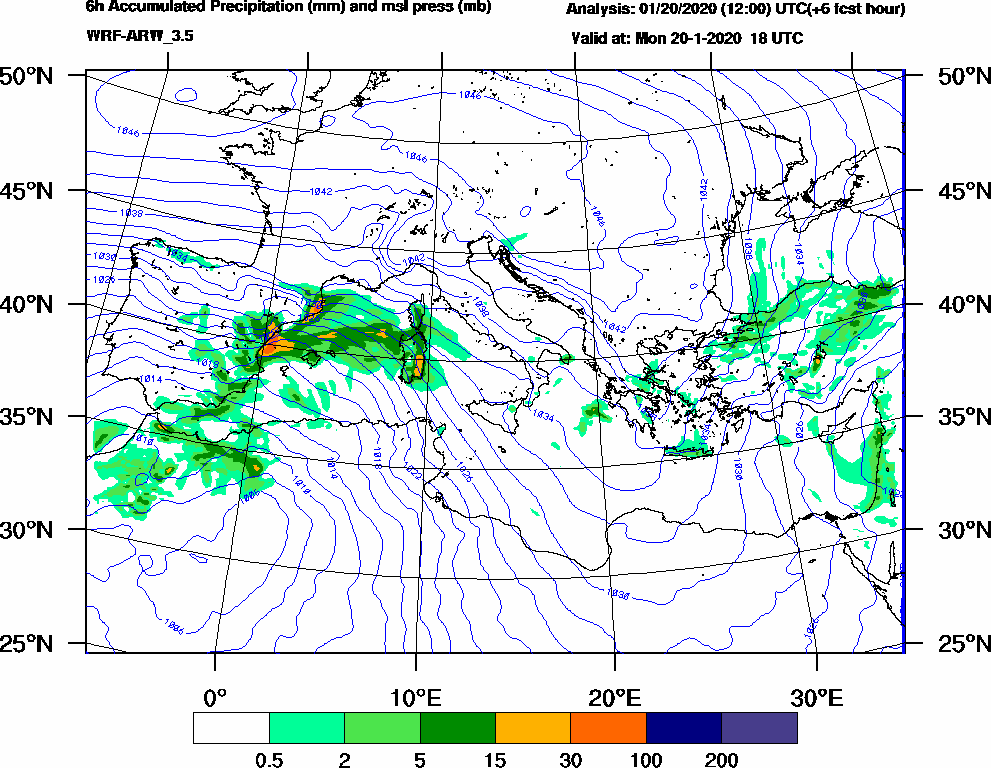 6h Accumulated Precipitation (mm) and msl press (mb) - 2020-01-20 12:00