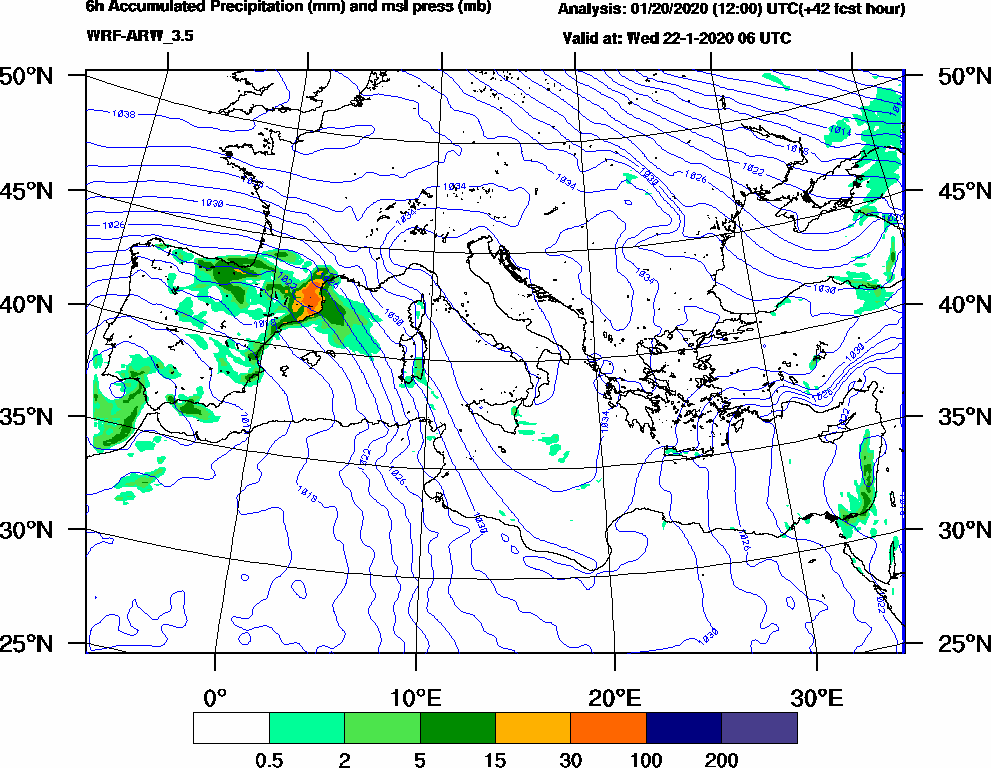 6h Accumulated Precipitation (mm) and msl press (mb) - 2020-01-22 00:00