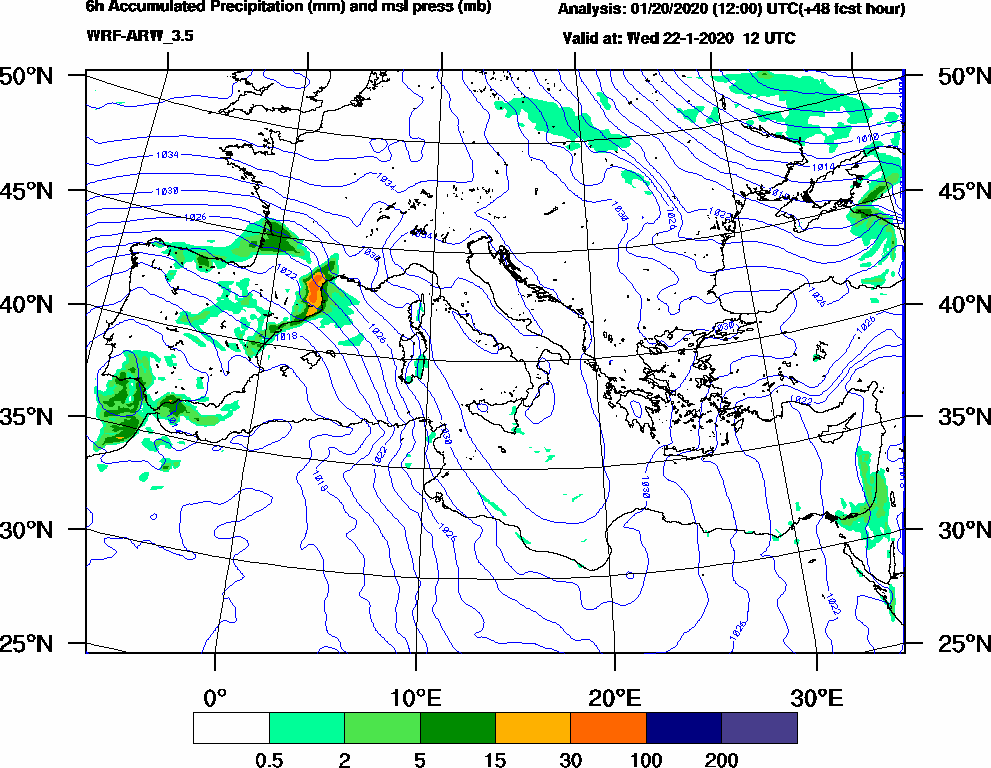 6h Accumulated Precipitation (mm) and msl press (mb) - 2020-01-22 06:00