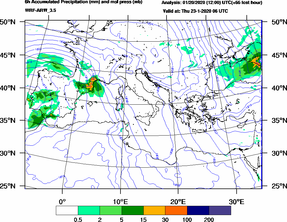 6h Accumulated Precipitation (mm) and msl press (mb) - 2020-01-23 00:00