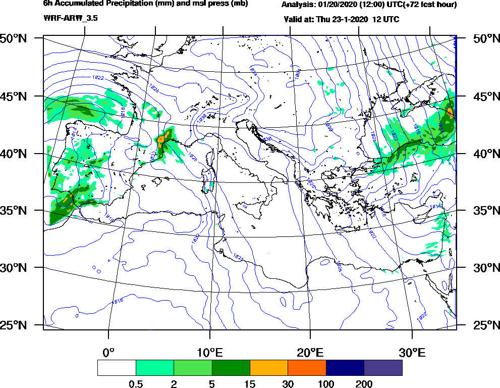 6h Accumulated Precipitation (mm) and msl press (mb) - 2020-01-23 06:00