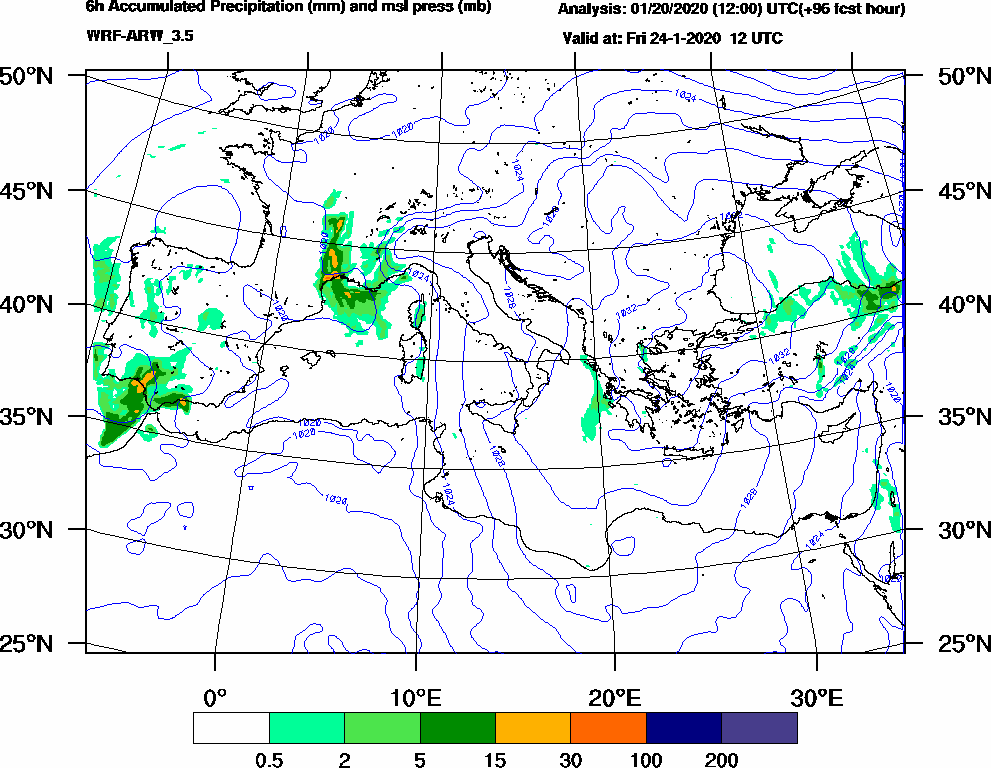 6h Accumulated Precipitation (mm) and msl press (mb) - 2020-01-24 06:00