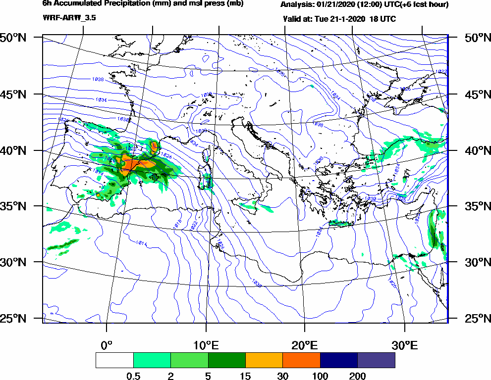 6h Accumulated Precipitation (mm) and msl press (mb) - 2020-01-21 12:00