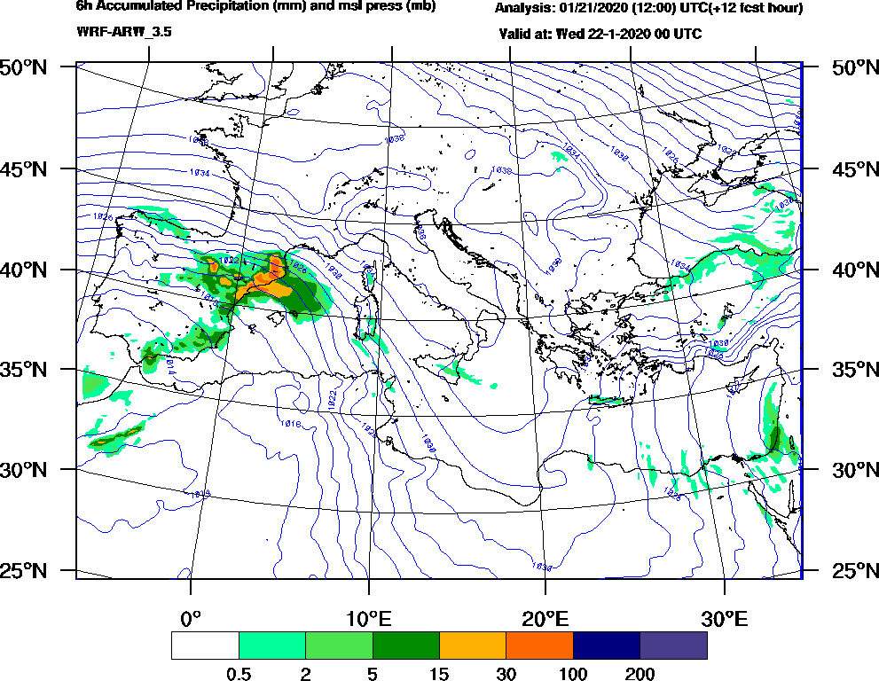 6h Accumulated Precipitation (mm) and msl press (mb) - 2020-01-21 18:00